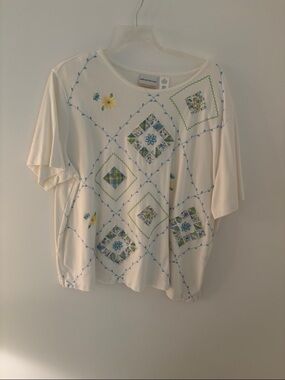 Alfred Dunner Cream Floral Patchwork Blouse with Blue & Green Accents